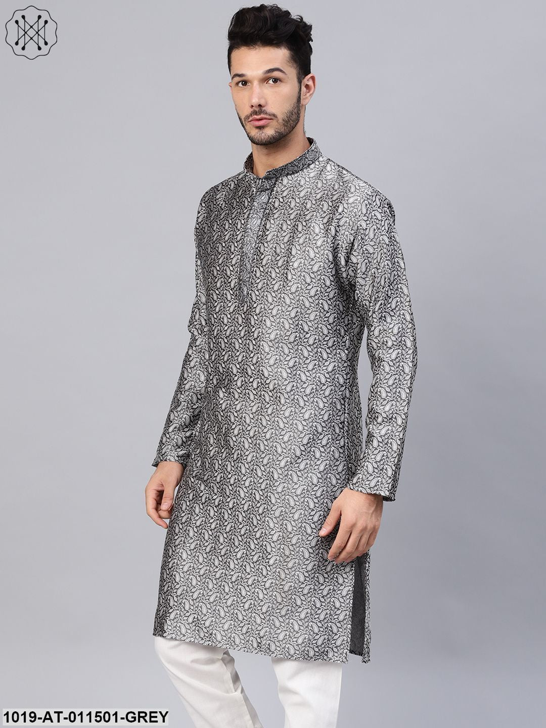 Men's Silk Blend Grey Self Design Only Long Kurta - Sojanya