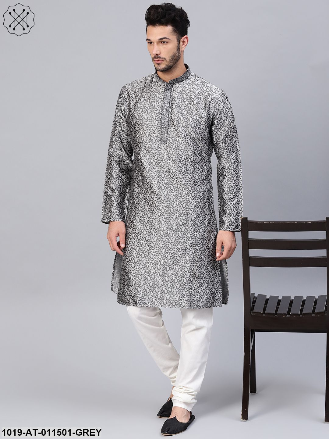Men's Silk Blend Grey Self Design Only Long Kurta - Sojanya