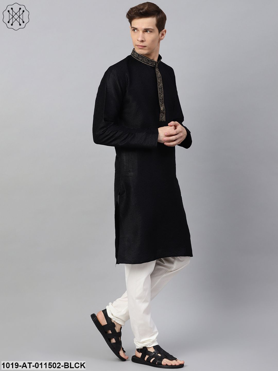 Men's Silk Blend Black Self Design Only Long Kurta - Sojanya