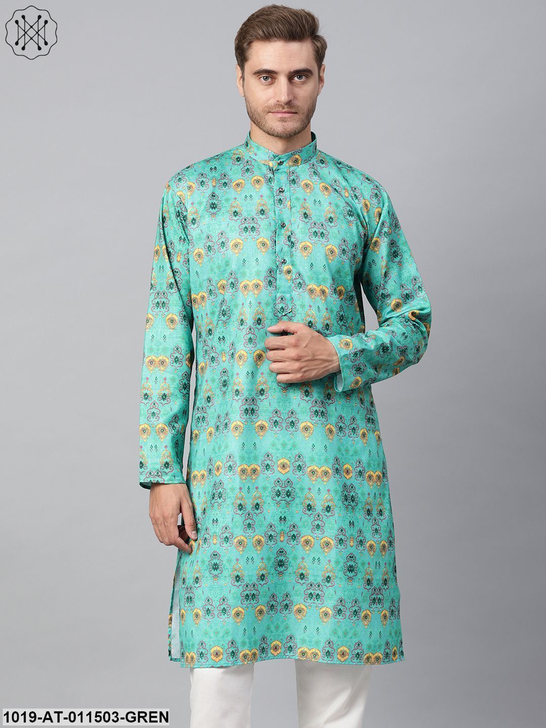 Men's Cotton Blend Green Printed Only Long Kurta