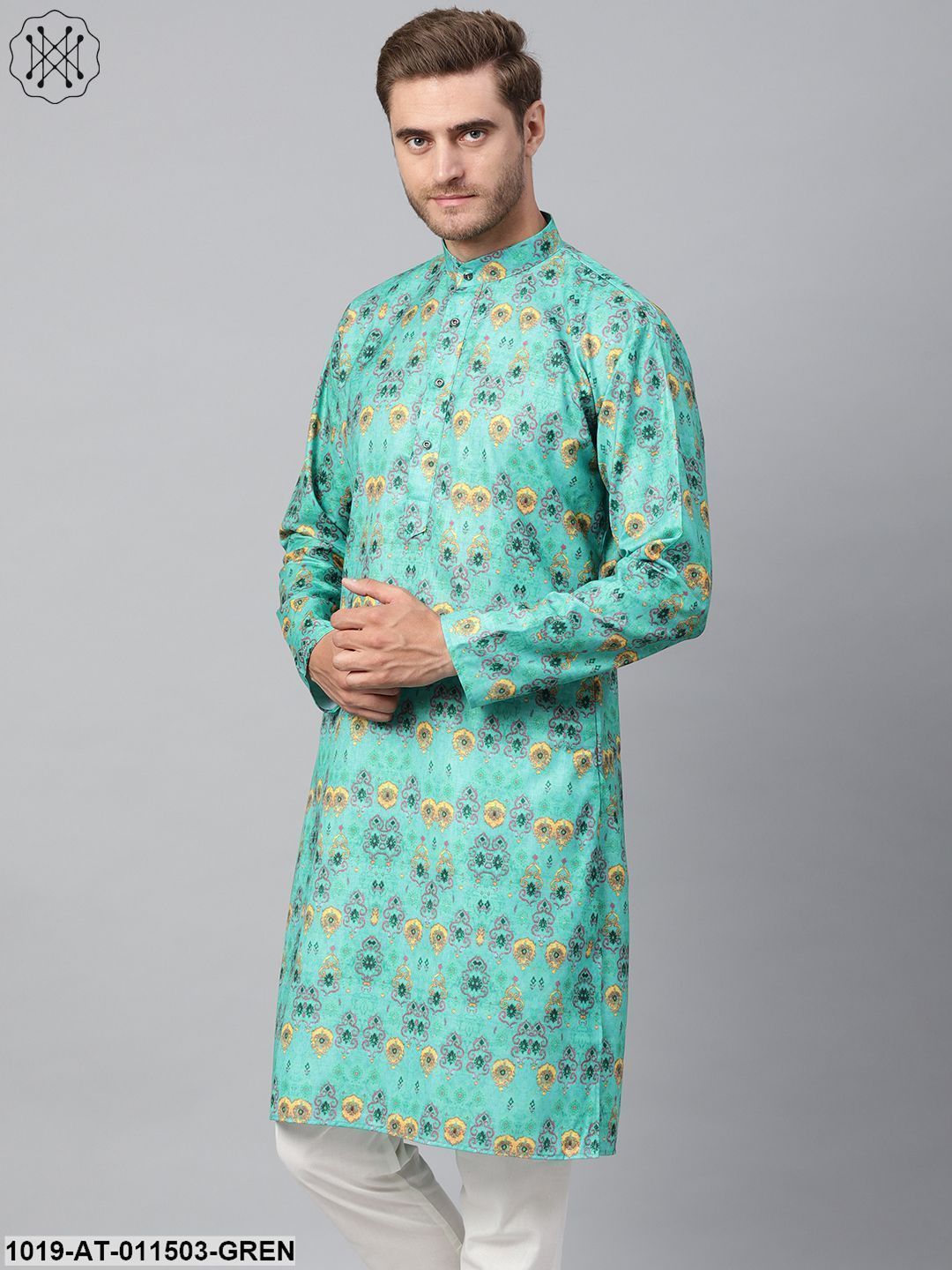 Men's Cotton Blend Green Printed Only Long Kurta