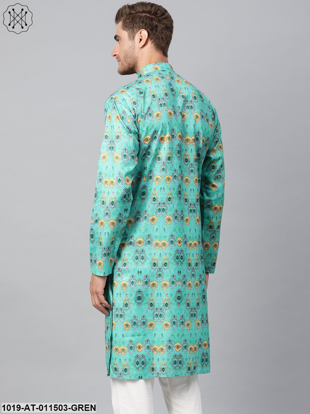 Men's Cotton Blend Green Printed Only Long Kurta