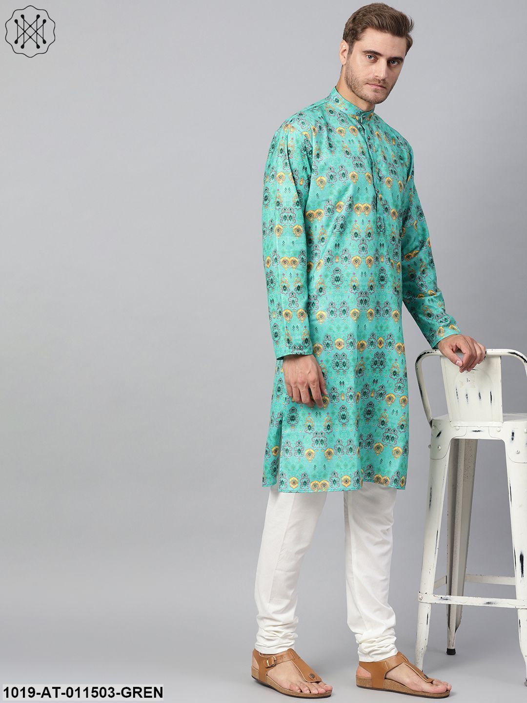 Men's Cotton Blend Green Printed Only Long Kurta