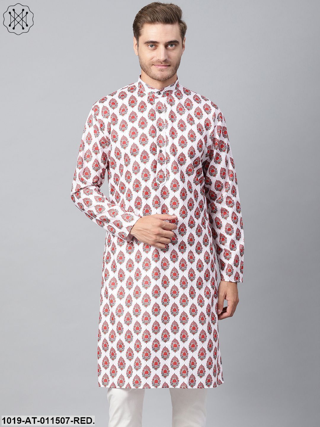 Men's Cotton Blend Red Printed Only Long Kurta