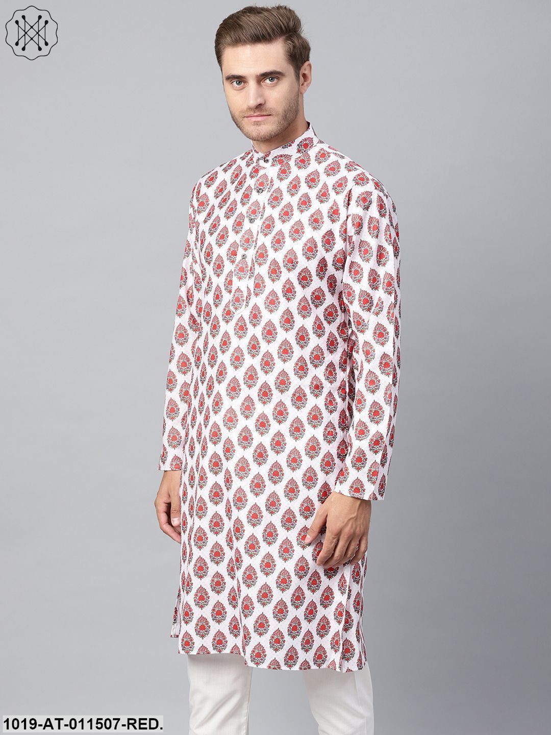Men's Cotton Blend Red Printed Only Long Kurta