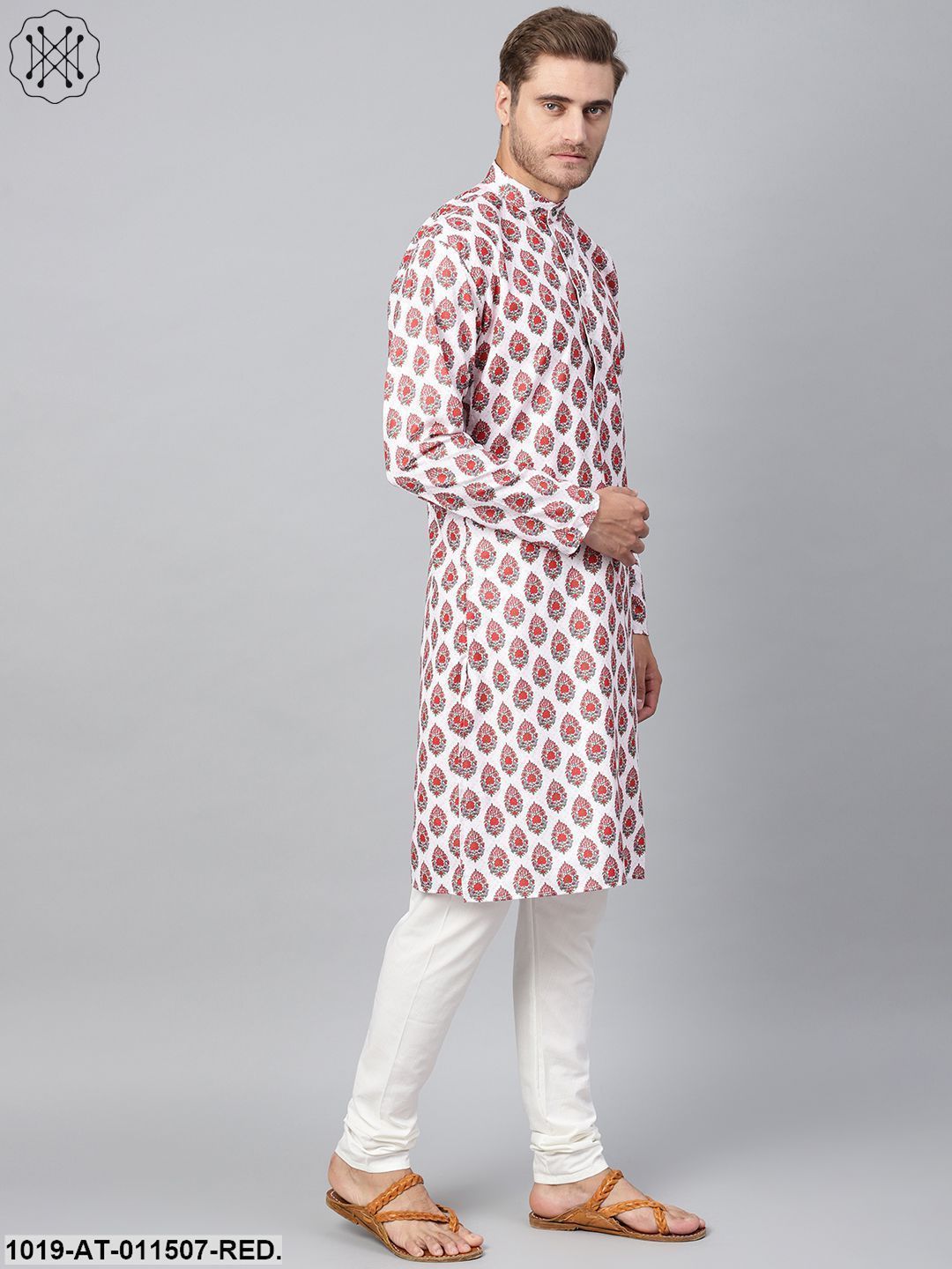 Men's Cotton Blend Red Printed Only Long Kurta