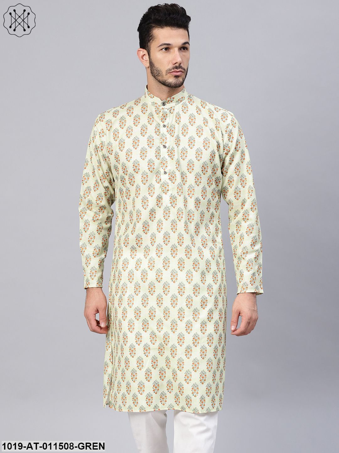 Men's Cotton Blend Lime Green Printed Only Long Kurta