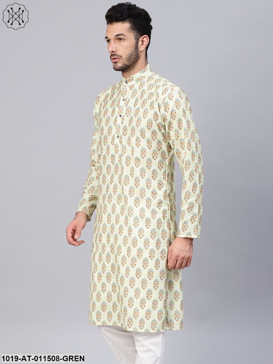 Men's Cotton Blend Lime Green Printed Only Long Kurta