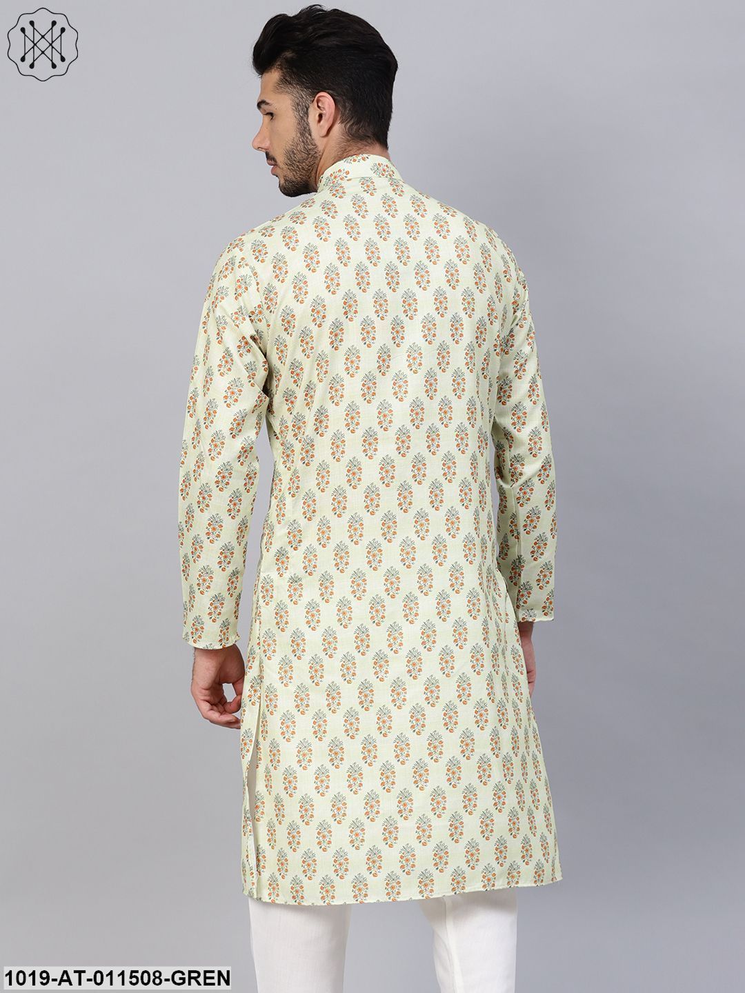 Men's Cotton Blend Lime Green Printed Only Long Kurta