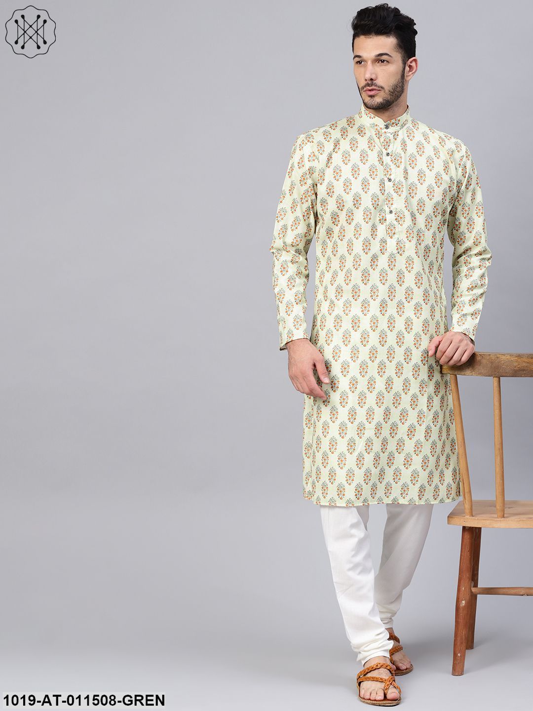 Men's Cotton Blend Lime Green Printed Only Long Kurta