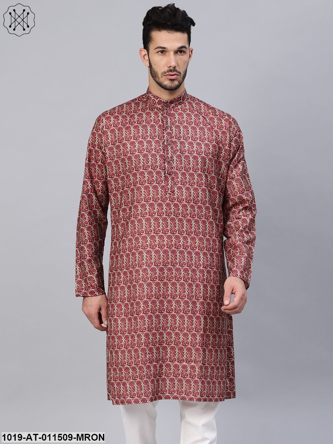 Men's Cotton Blend Maroon Printed Only Long Kurta