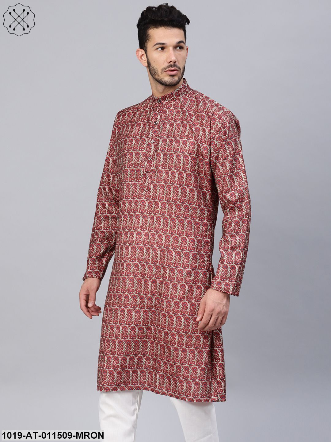 Men's Cotton Blend Maroon Printed Only Long Kurta