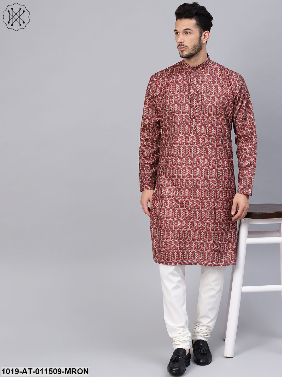 Men's Cotton Blend Maroon Printed Only Long Kurta