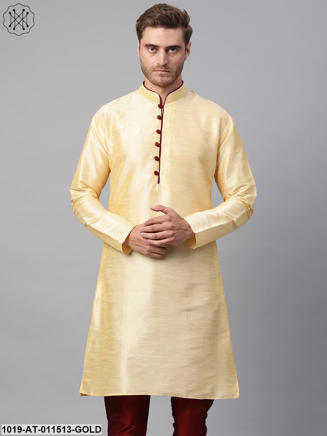 Men's Silk Blend Gold Solid Kurta With Maroon Loops