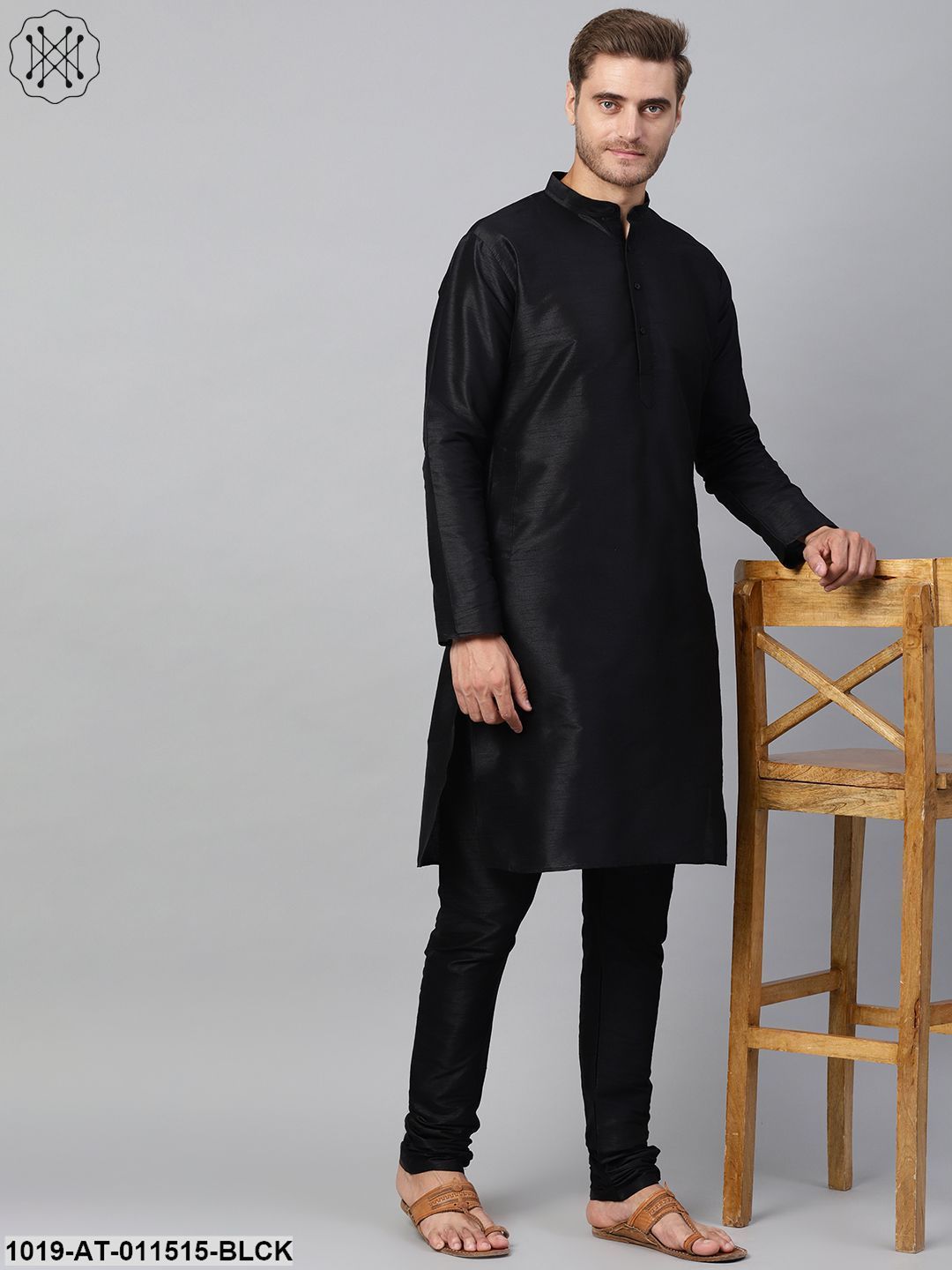 Men's Silk Blend Black Solid Only Long Kurta - Sojanya