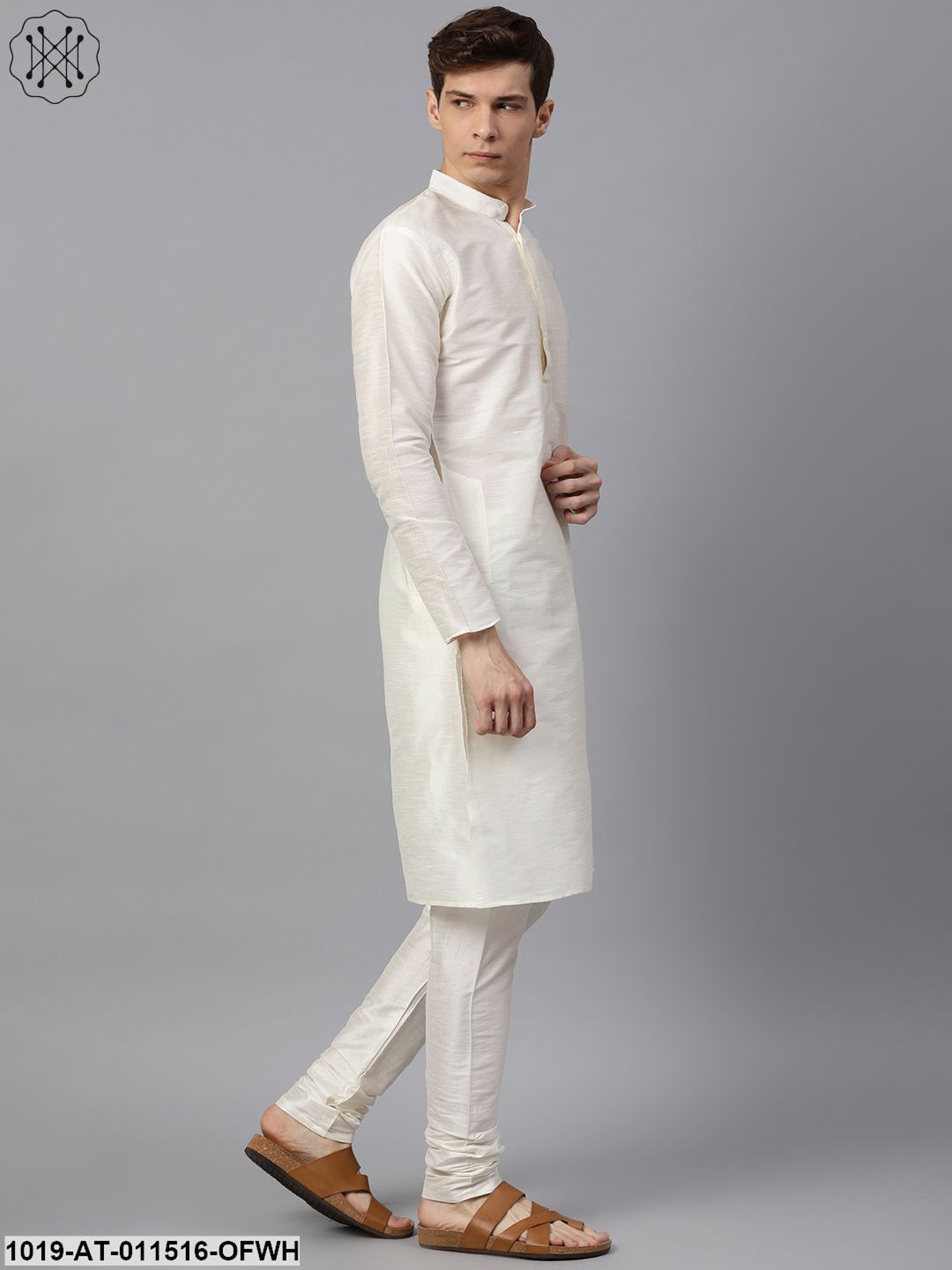 Men's Silk Blend Off White Solid Only Long Kurta - Sojanya
