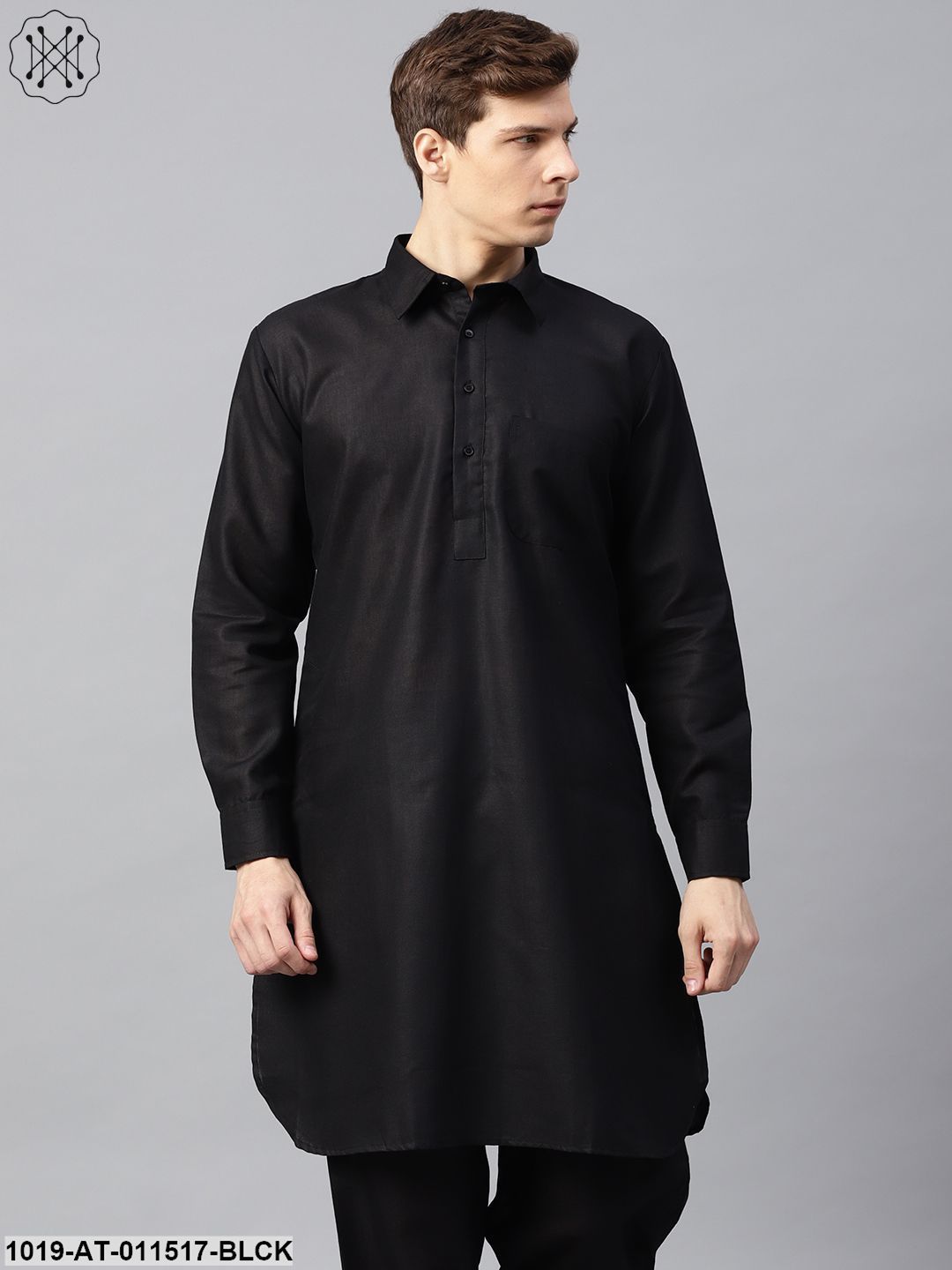 Men's Cotton Blend Black Solid Pathani Long Kurta