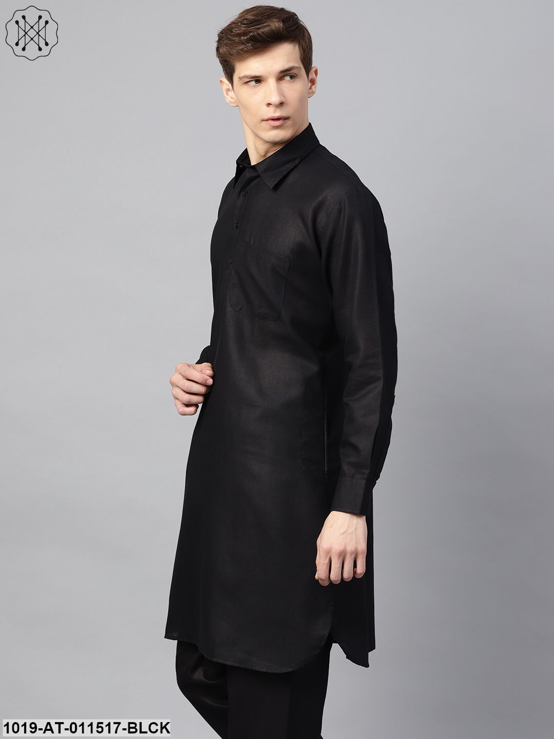 Men's Cotton Blend Black Solid Pathani Long Kurta