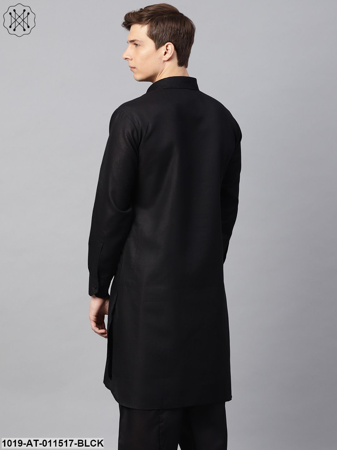 Men's Cotton Blend Black Solid Pathani Long Kurta