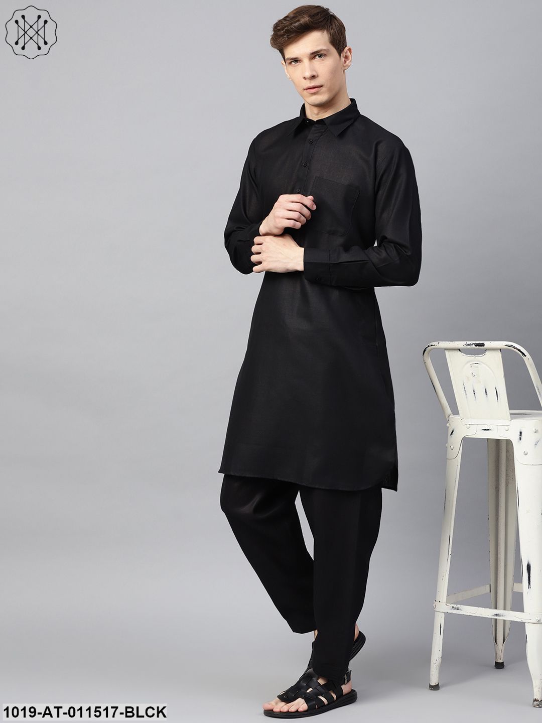Men's Cotton Blend Black Solid Pathani Long Kurta