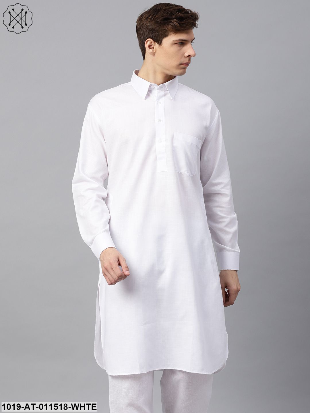 Men's Cotton Blend White Solid Pathani Long Kurta