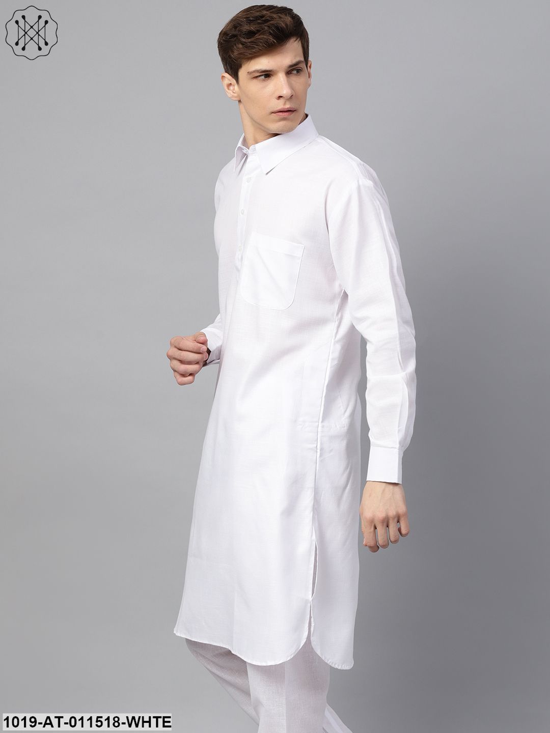Men's Cotton Blend White Solid Pathani Long Kurta