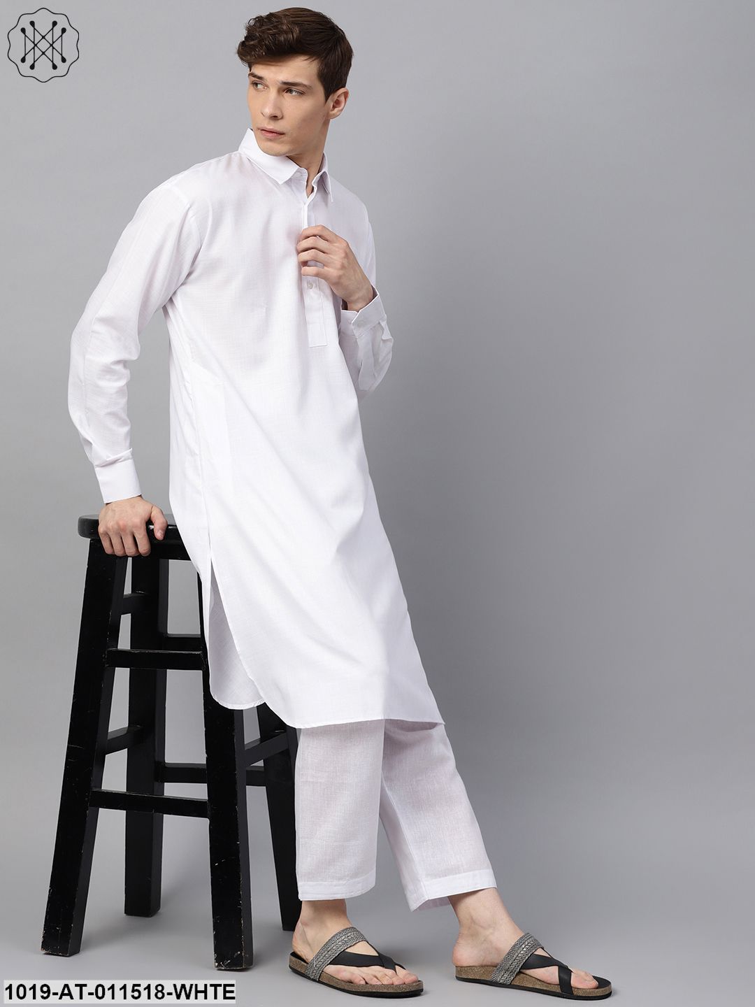 Men's Cotton Blend White Solid Pathani Long Kurta