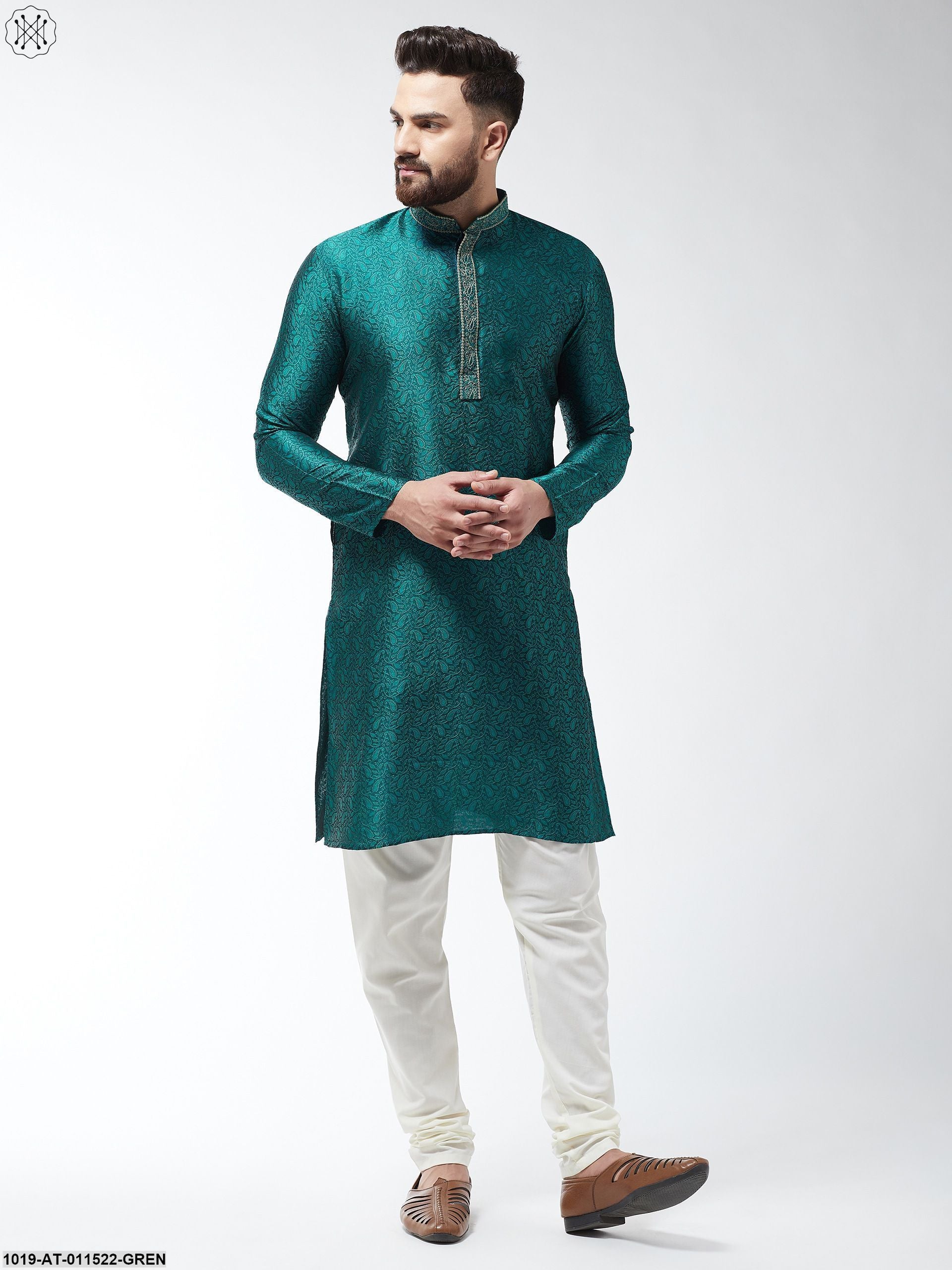Men's Silk Blend Teal Green Self Design Only Long Kurta - Sojanya