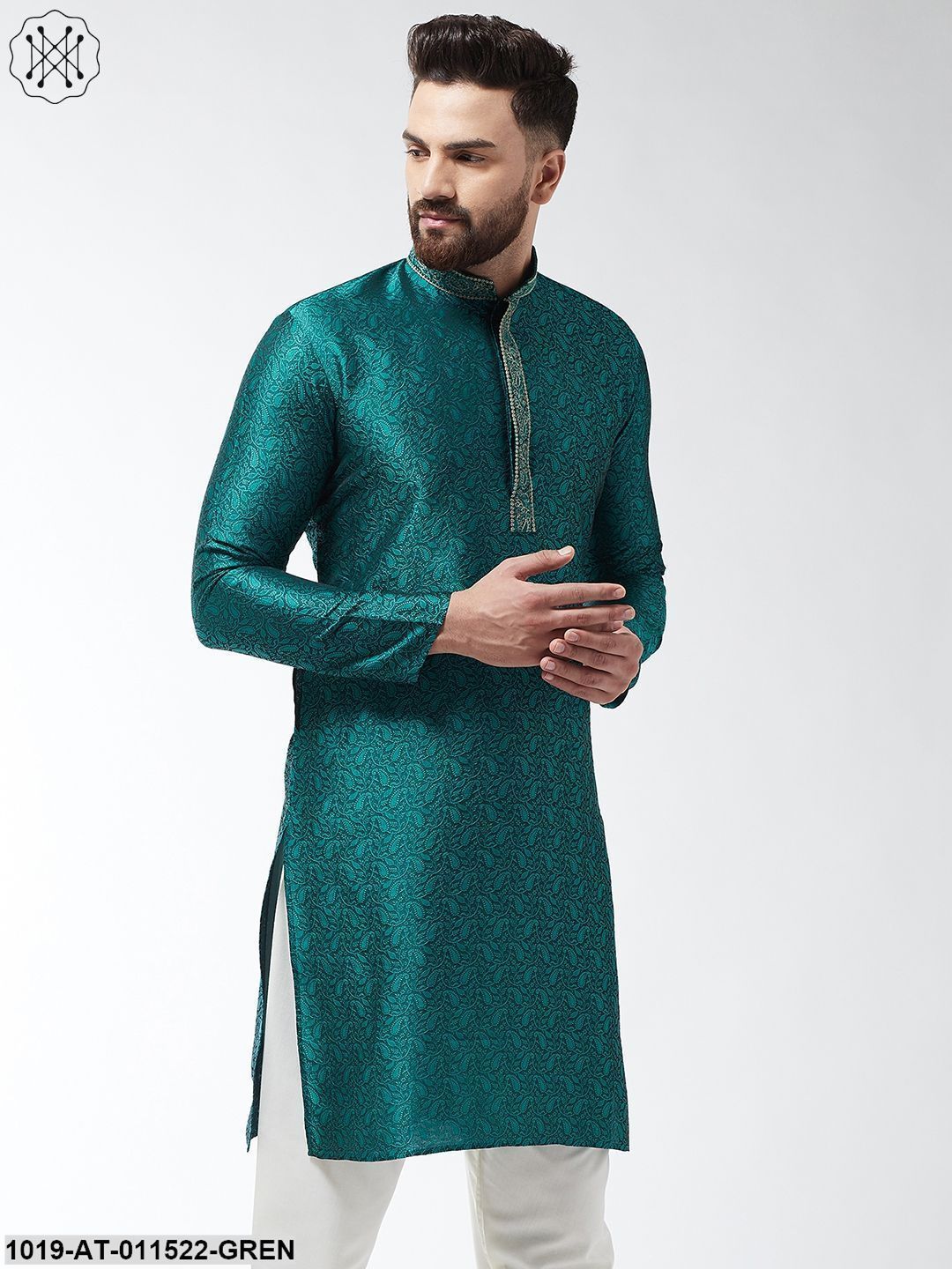 Men's Silk Blend Teal Green Self Design Only Long Kurta - Sojanya