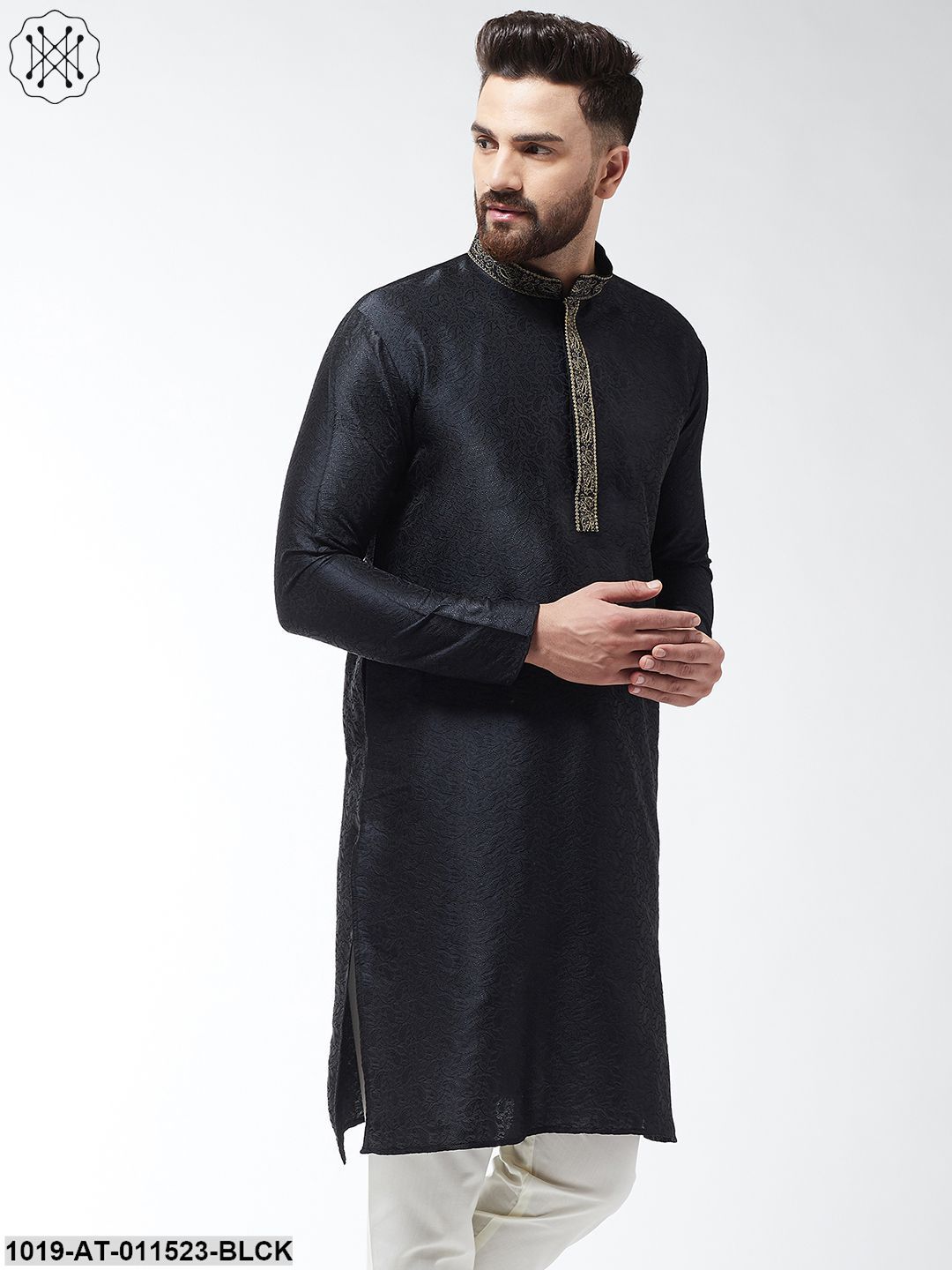 Men's Silk Blend Black Self Design Only Long Kurta - Sojanya