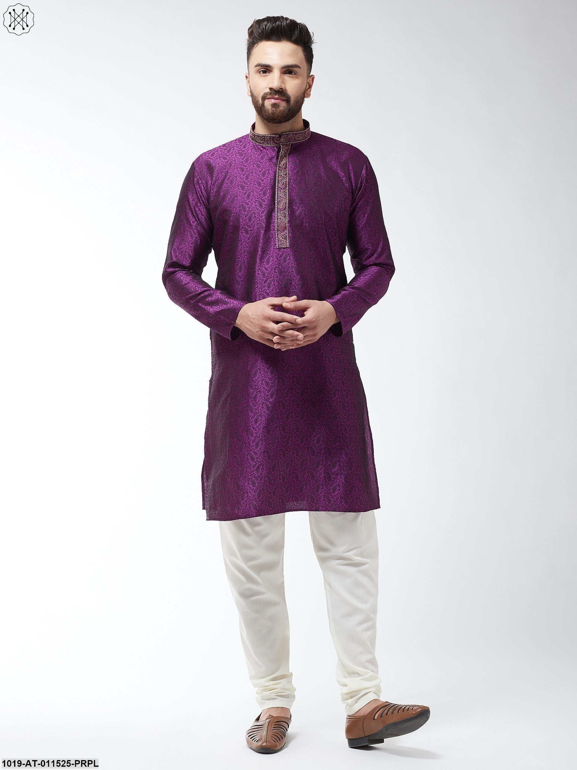Men's Silk Blend Purple Self Design Only Long Kurta - Sojanya