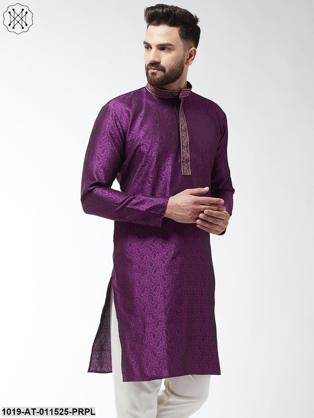 Men's Silk Blend Purple Self Design Only Long Kurta - Sojanya