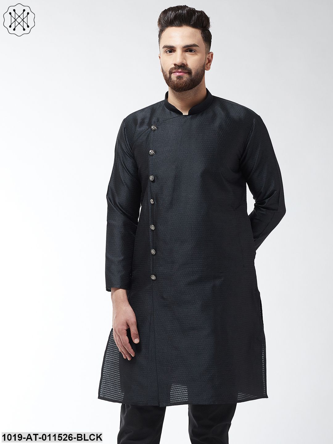 Men's Silk Blend Black Self Design Only Long Kurta