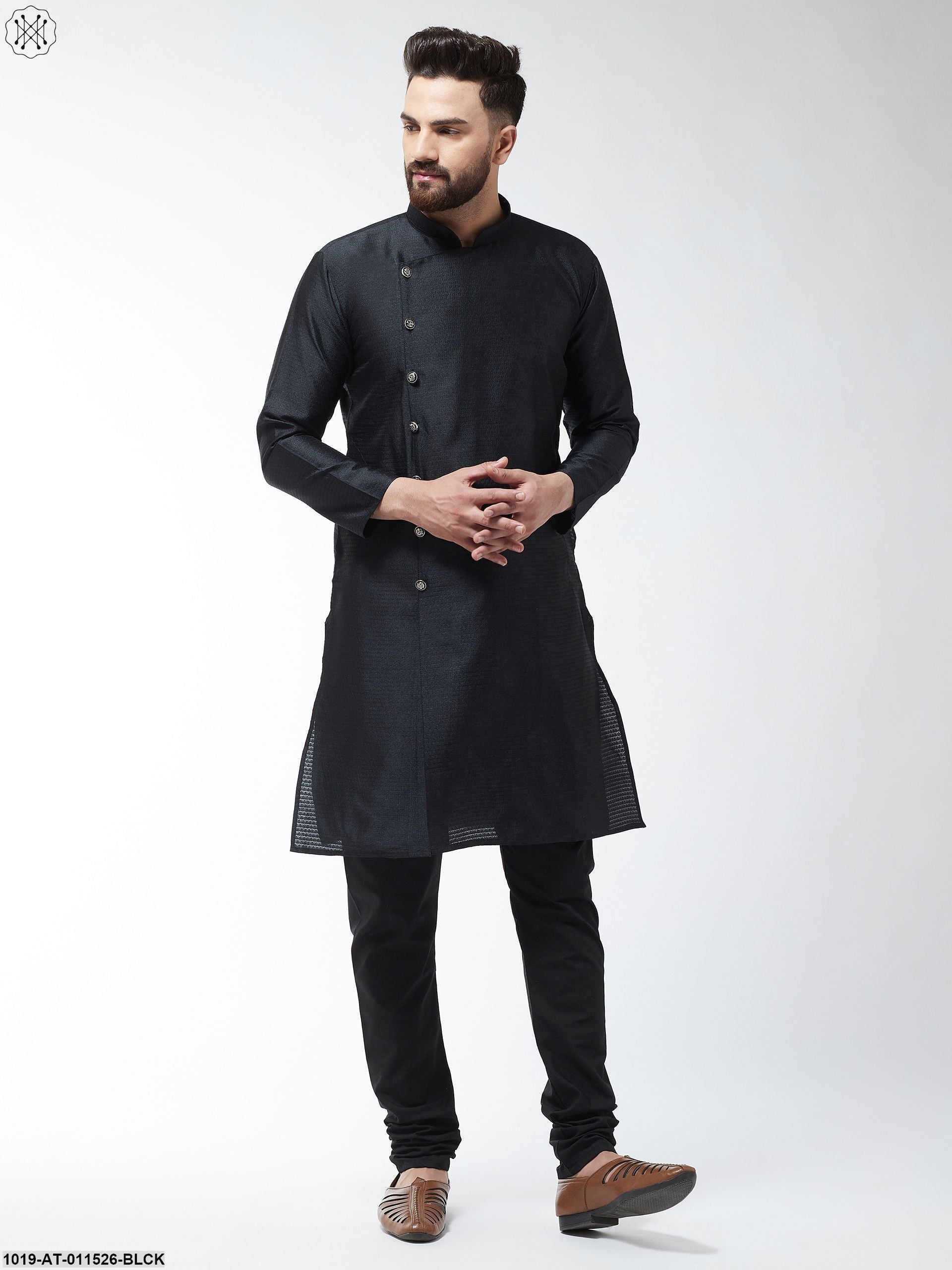 Men's Silk Blend Black Self Design Only Long Kurta