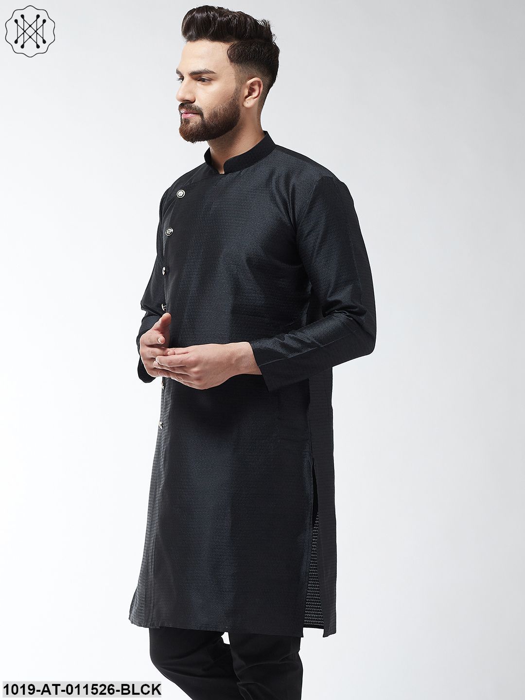 Men's Silk Blend Black Self Design Only Long Kurta