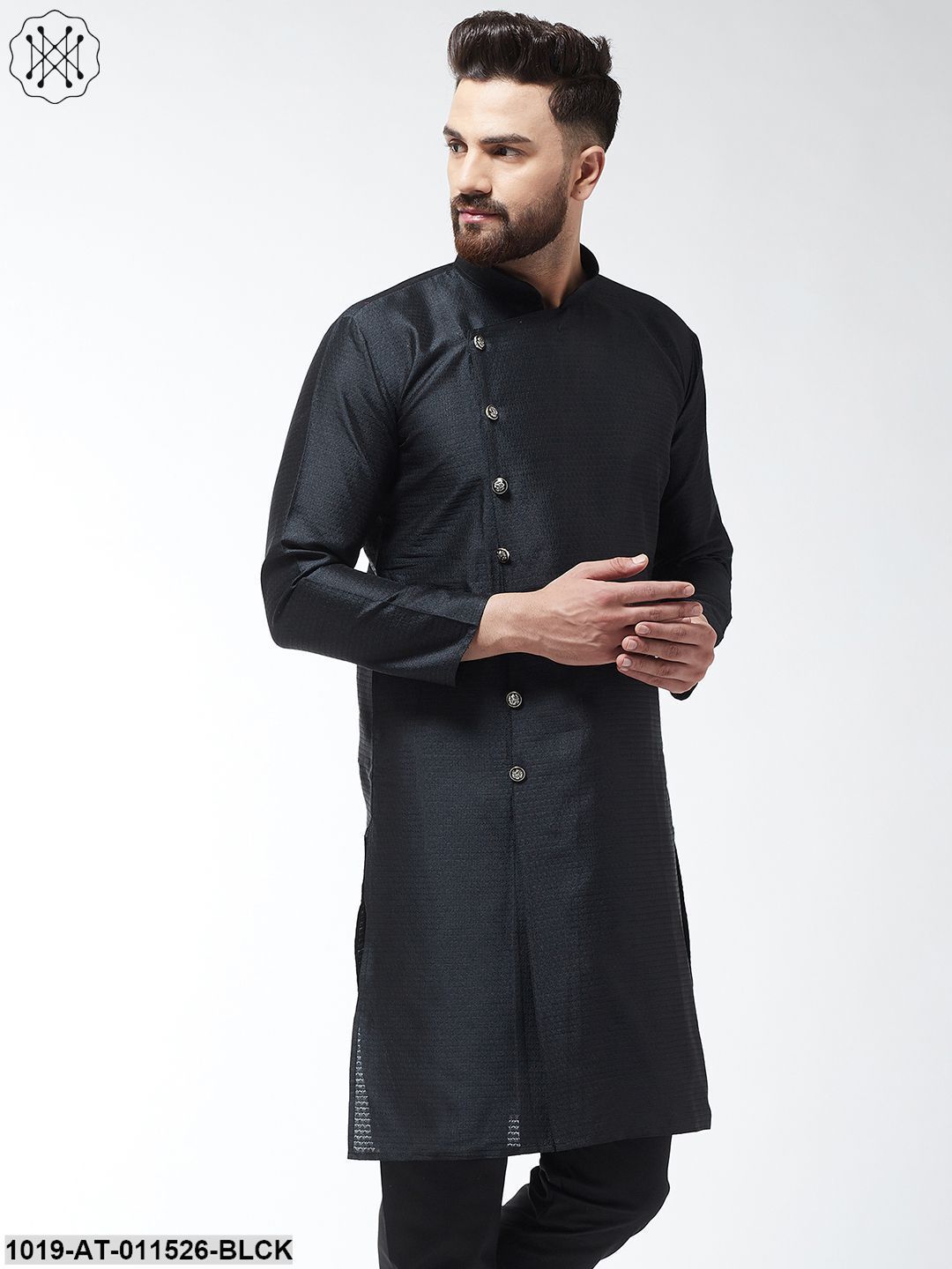 Men's Silk Blend Black Self Design Only Long Kurta