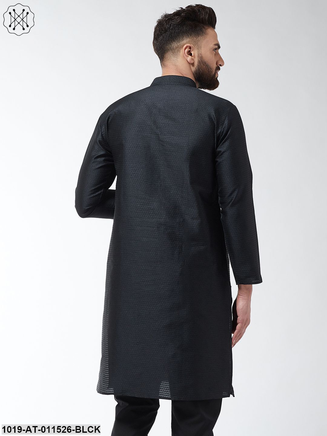 Men's Silk Blend Black Self Design Only Long Kurta