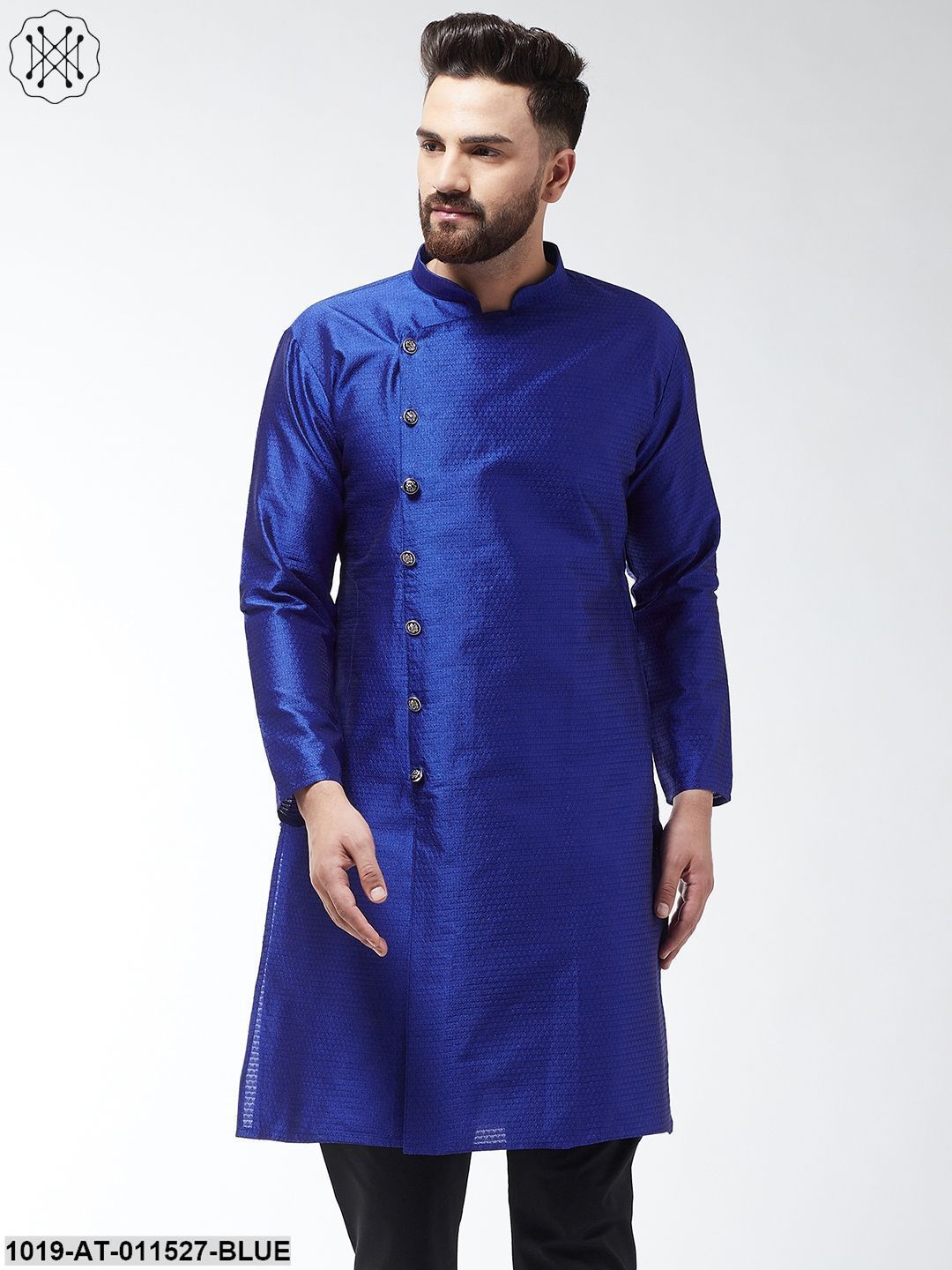 Men's Silk Blend Royal Blue Self Design Only Long Kurta