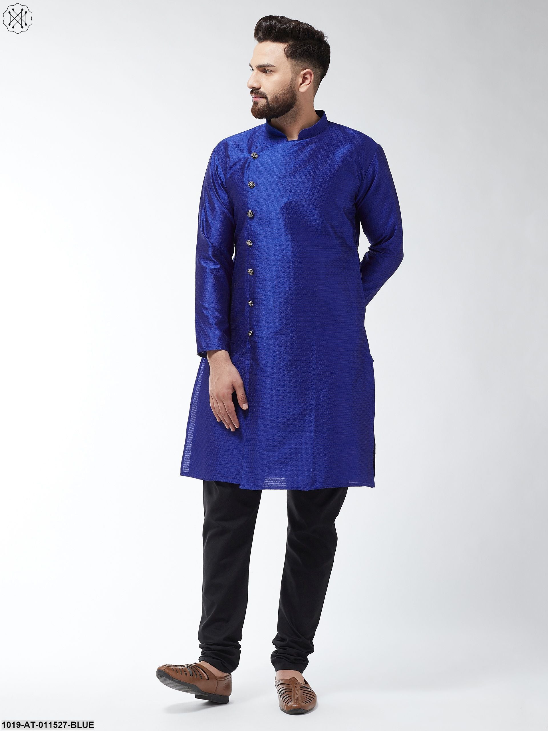 Men's Silk Blend Royal Blue Self Design Only Long Kurta