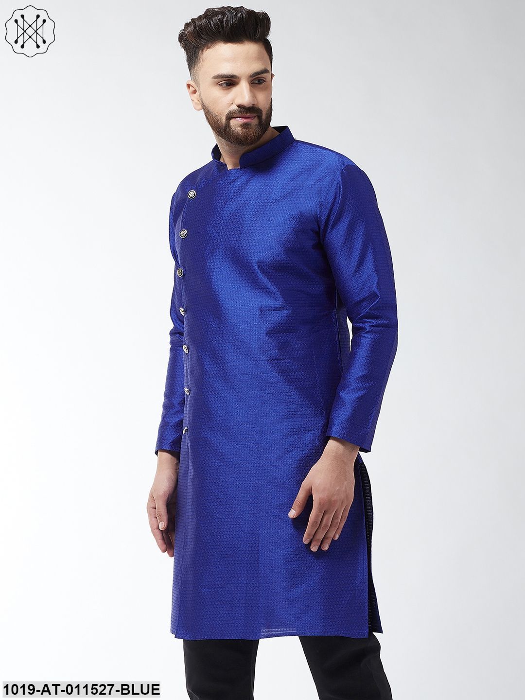 Men's Silk Blend Royal Blue Self Design Only Long Kurta
