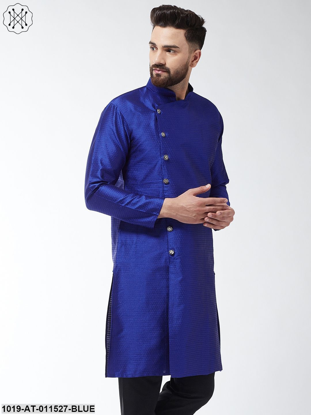 Men's Silk Blend Royal Blue Self Design Only Long Kurta