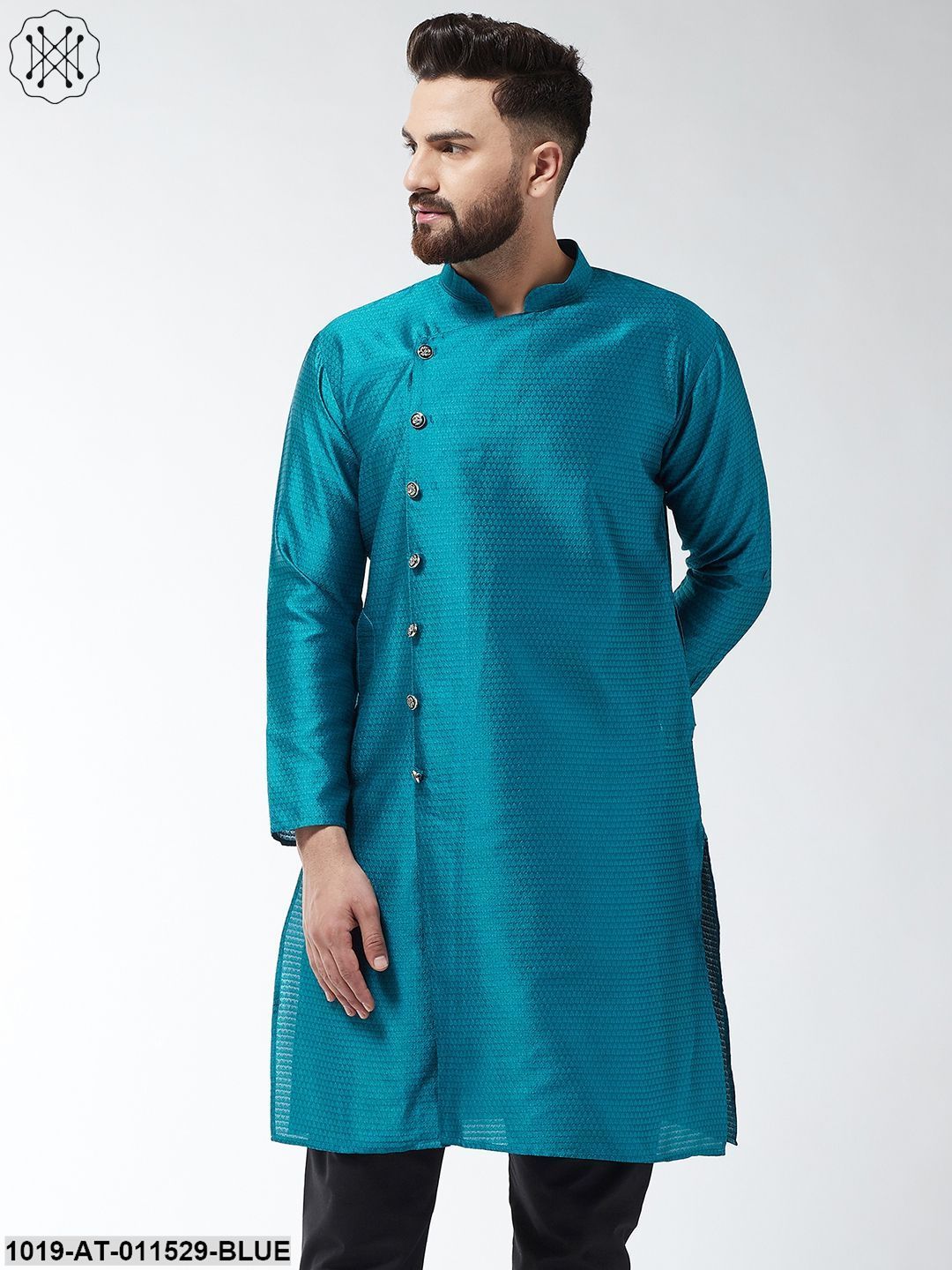 Men's Silk Blend Peacock Blue Self Design Only Long Kurta
