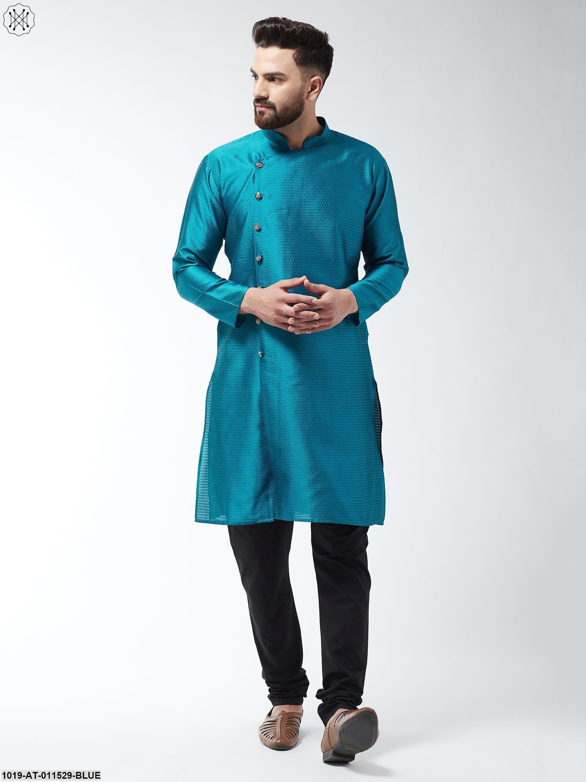 Men's Silk Blend Peacock Blue Self Design Only Long Kurta