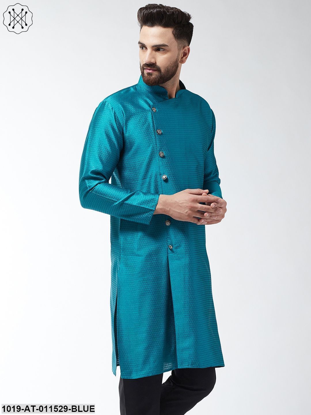 Men's Silk Blend Peacock Blue Self Design Only Long Kurta
