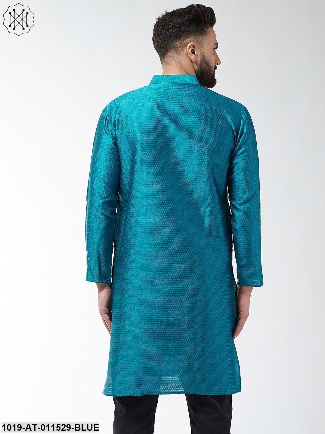 Men's Silk Blend Peacock Blue Self Design Only Long Kurta