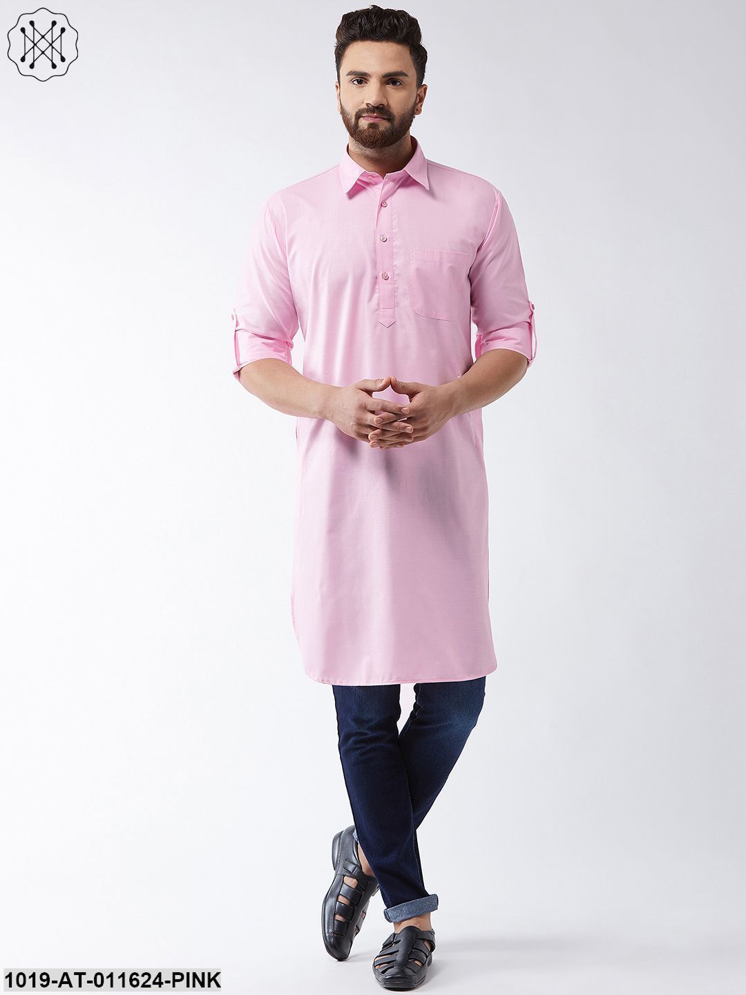 Men's Cotton Pink Solid Pathani Only Long Kurta