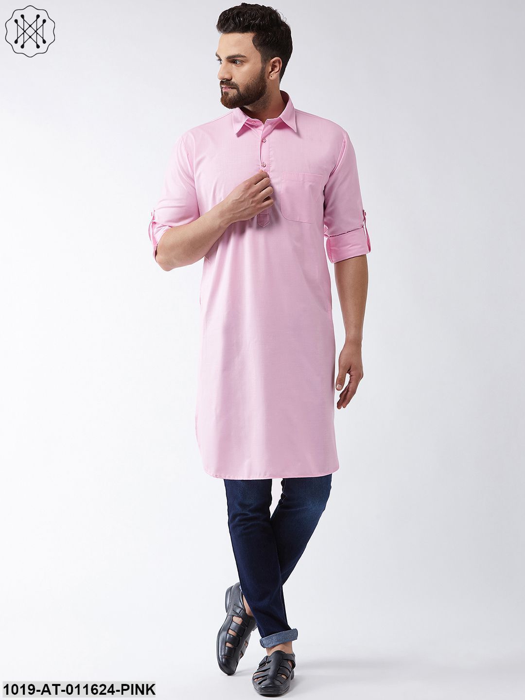 Men's Cotton Pink Solid Pathani Only Long Kurta