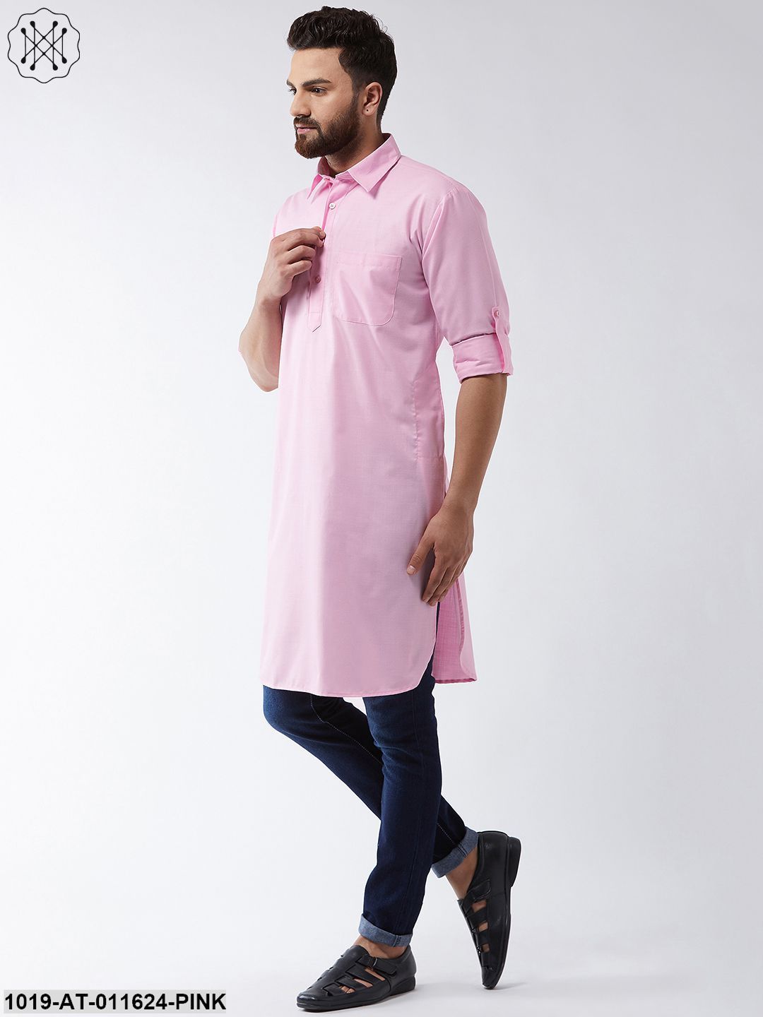 Men's Cotton Pink Solid Pathani Only Long Kurta