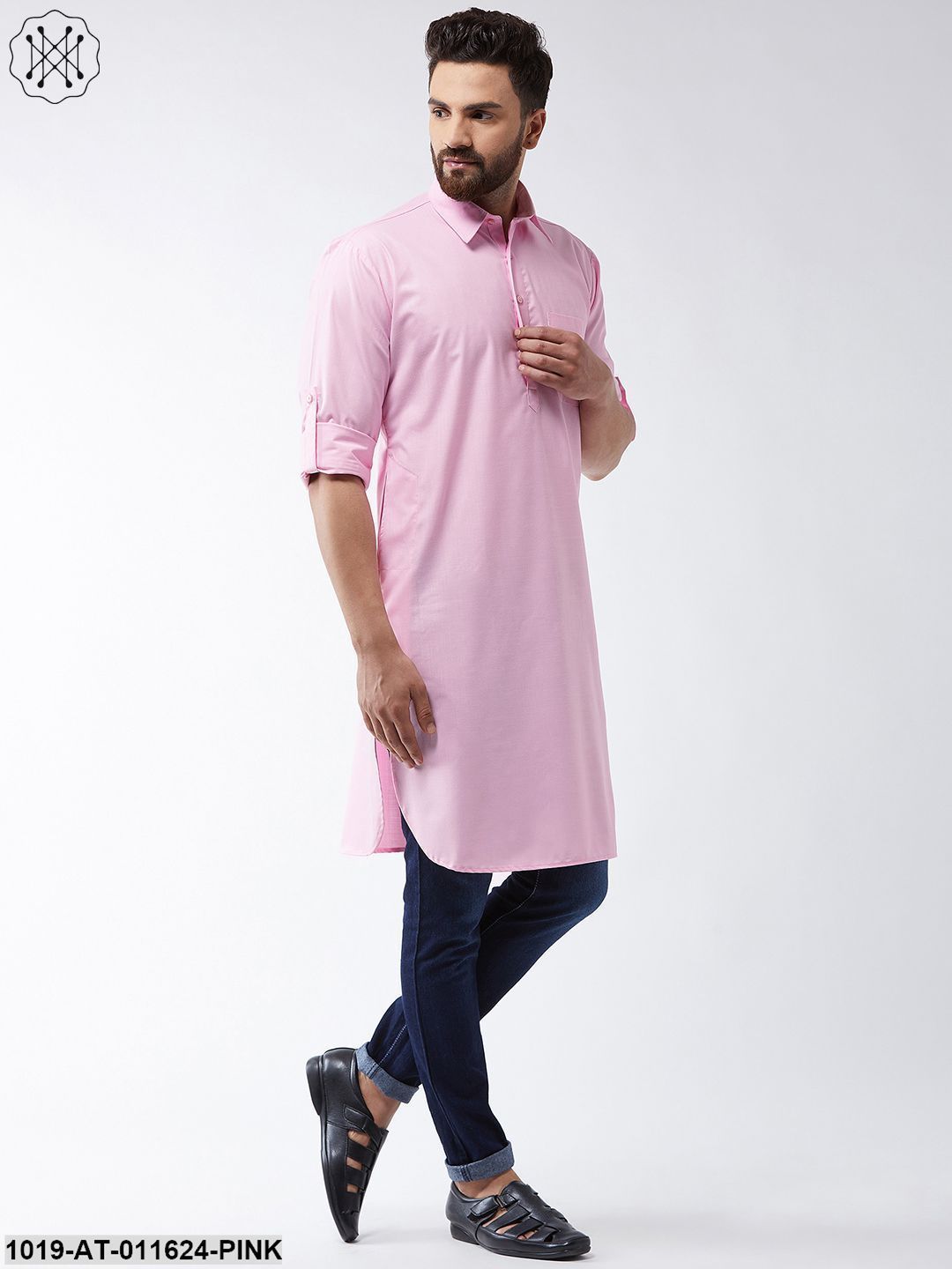 Men's Cotton Pink Solid Pathani Only Long Kurta