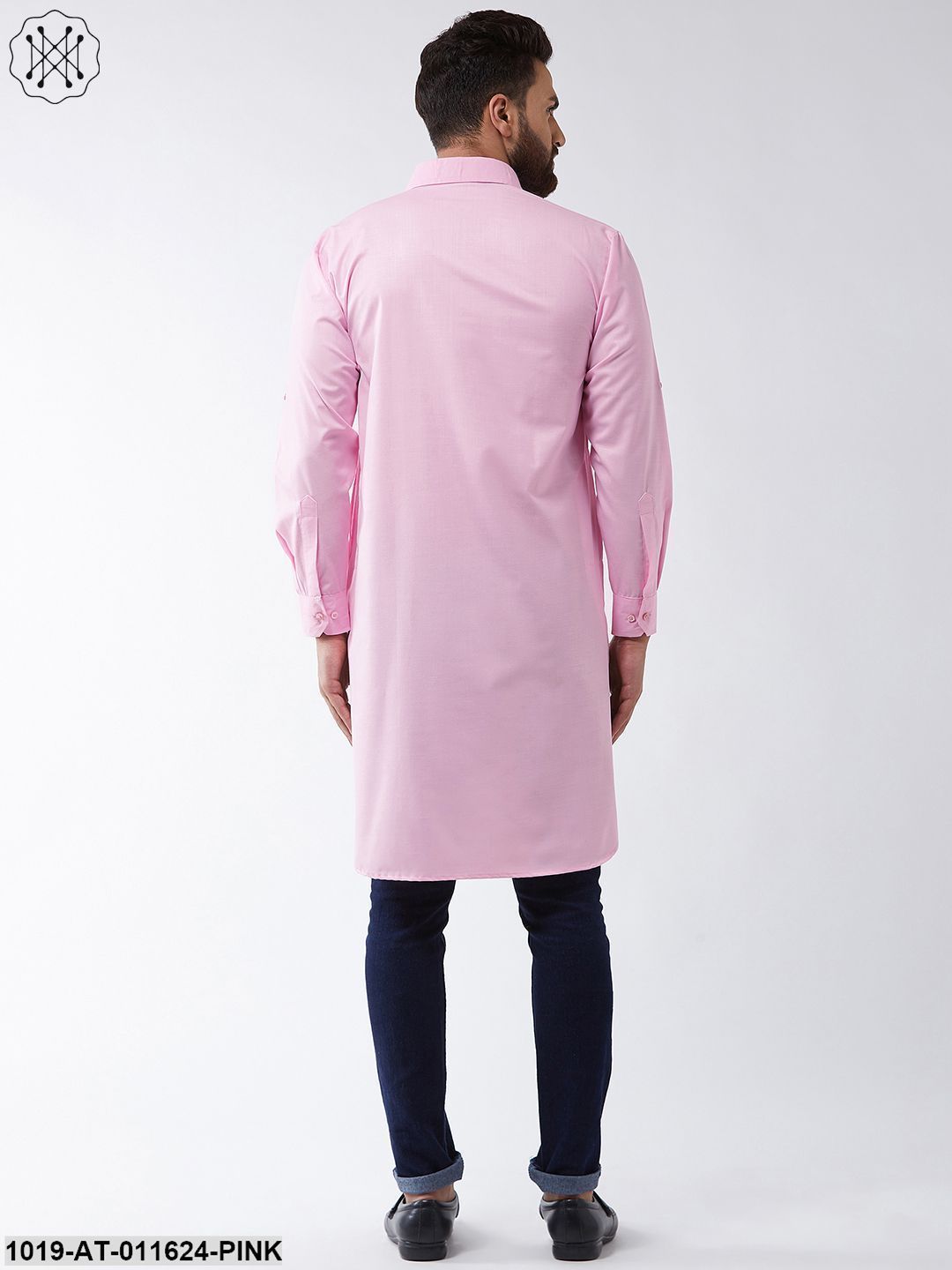 Men's Cotton Pink Solid Pathani Only Long Kurta